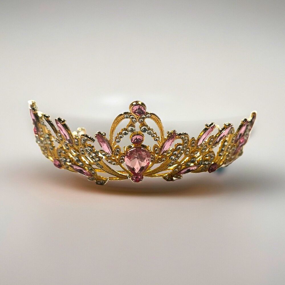Gold Tone Pink Rhinestone Princess Tiara Crown Headpiece, One Size